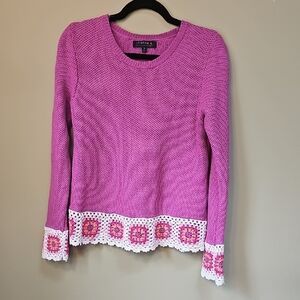 Joseph A Fuchsia Sweater With Crochet Trim 100% Cotton Boho Retro Cottage